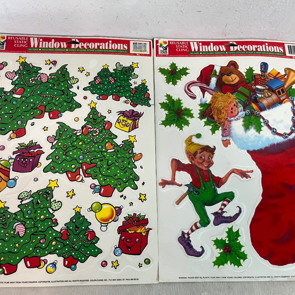 Lot of 2 VTG 90's Christmas Static Cling Window Decorations MADE IN USA Stocking